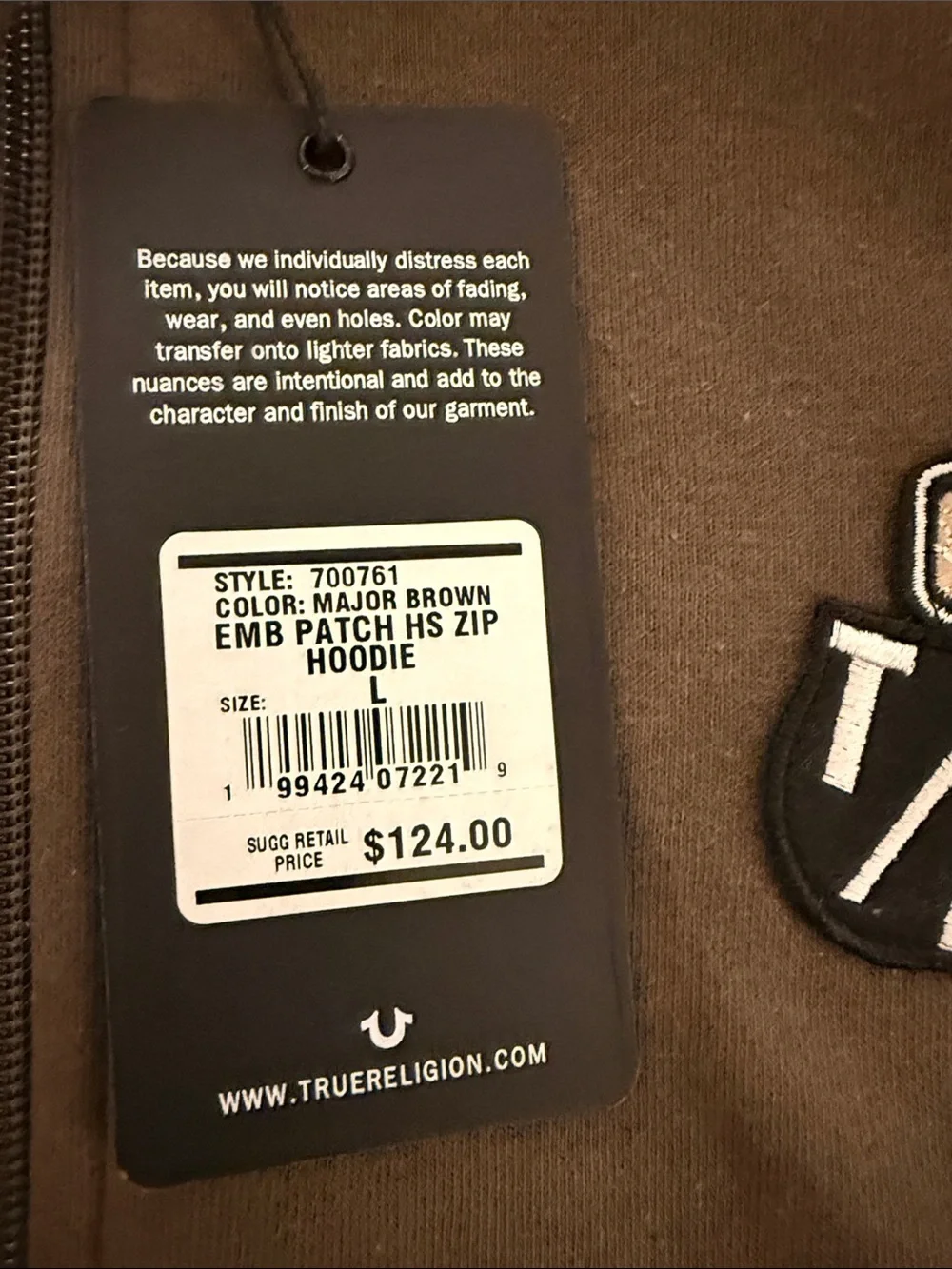 True Religion Men's Brown Zip-Up Hoodie with Logo Patch